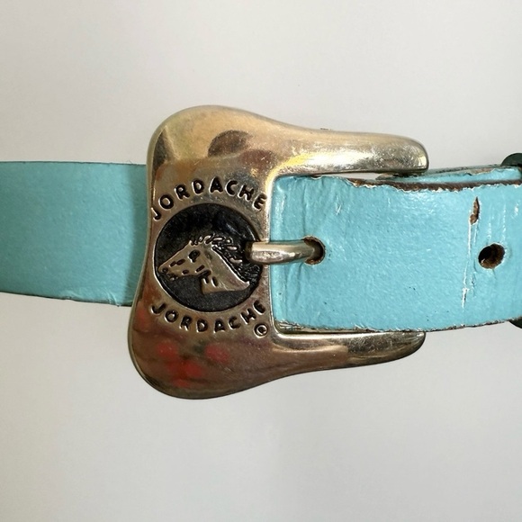 Jordache Accessories - Vintage Jordache 80s Turquoise Leather Belt Gold Buckle Women M / L Retro Preppy